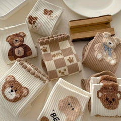 7 Pairs Bear Print Cartoon Socks Women's Mid Tube Stockings