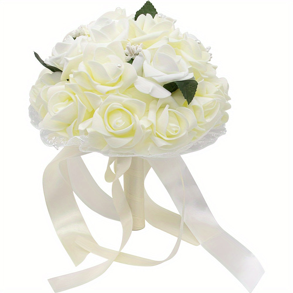 Purple Artificial Rose Wedding Bouquet with Pearl Accents