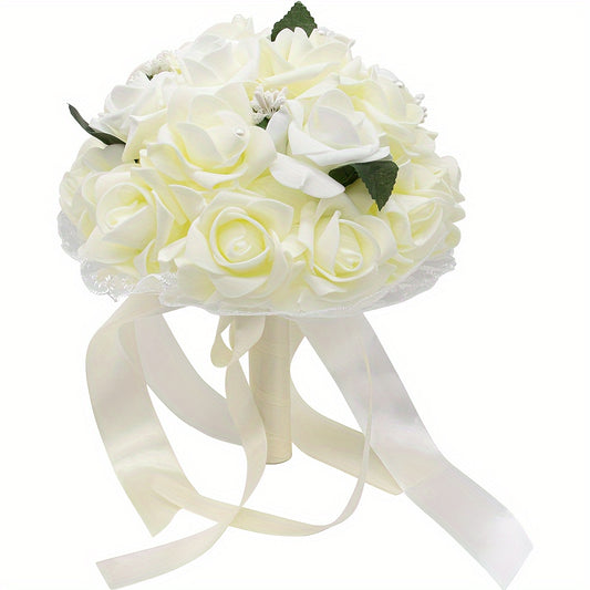 Purple Artificial Rose Wedding Bouquet with Pearl Accents