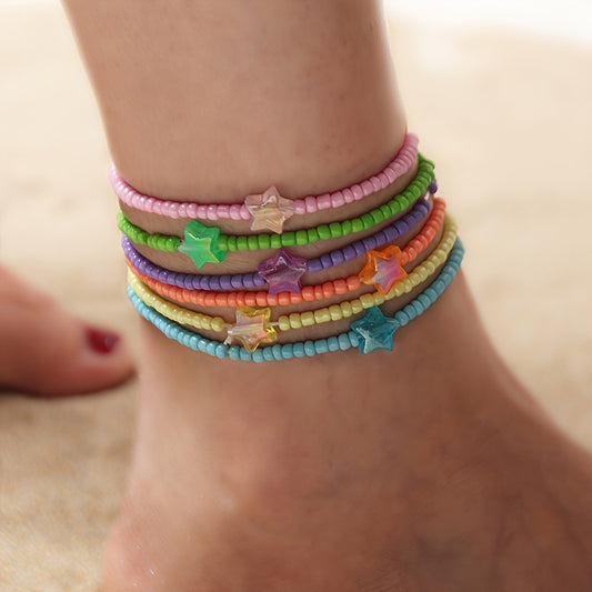 6Pcs Kids Pentagram Beads Anklet Colorful Foot Jewelry