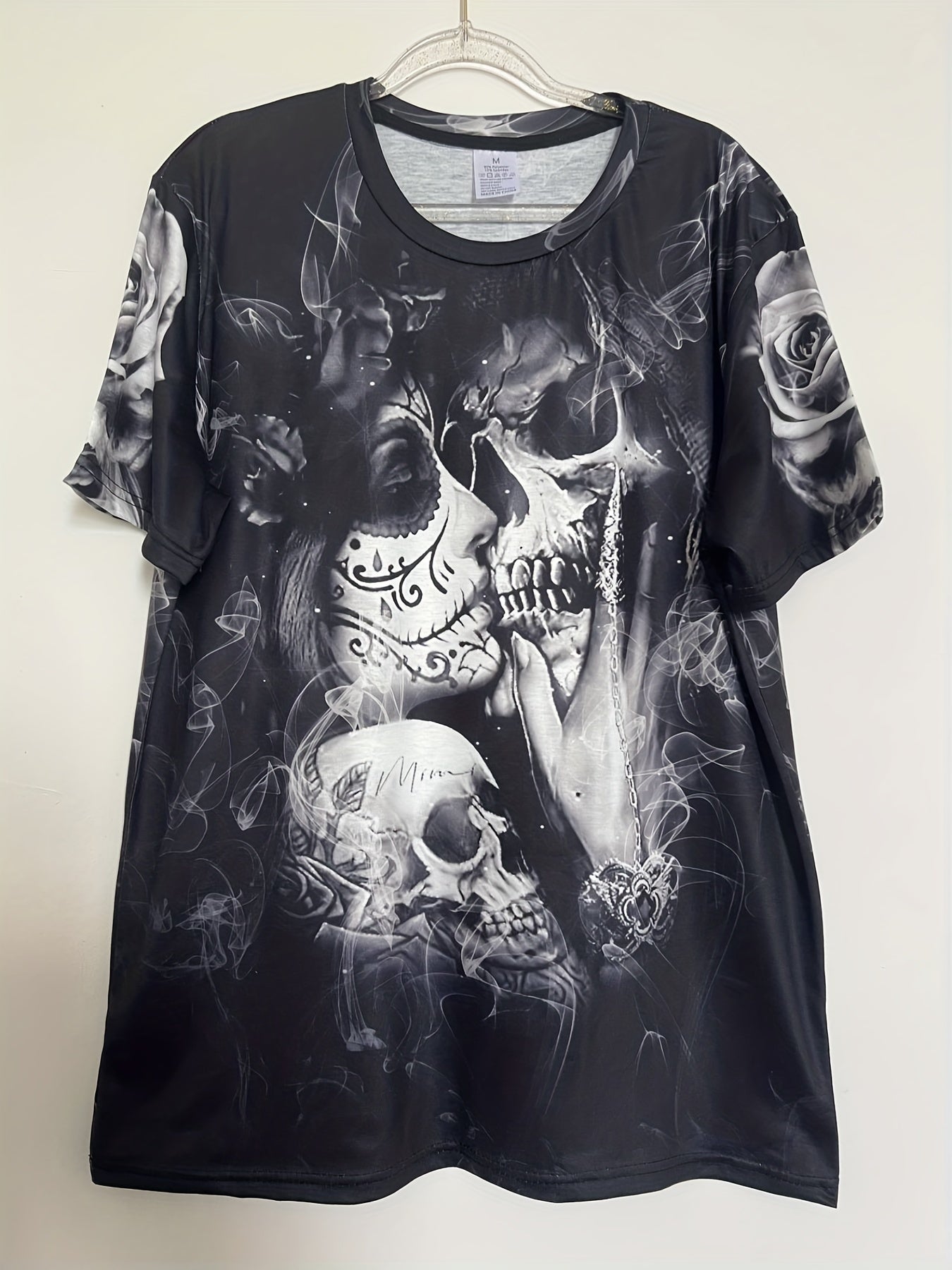 Men's Skull Kissing Print T-shirt Casual Comfy 3D Print Tee