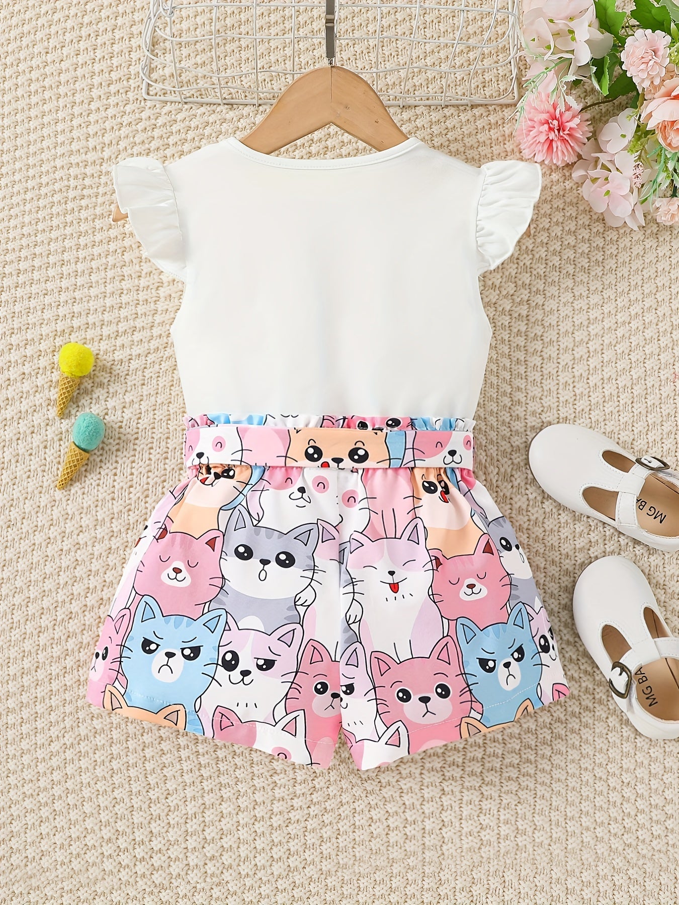 Girls Cat Graphic Top & Belted Shorts Set Kids Summer Clothes