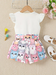 Girls Cat Graphic Top & Belted Shorts Set Kids Summer Clothes