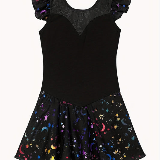 Girls Star Graphic High Stretch Ruffled Sleeve Ballet Dance Dress