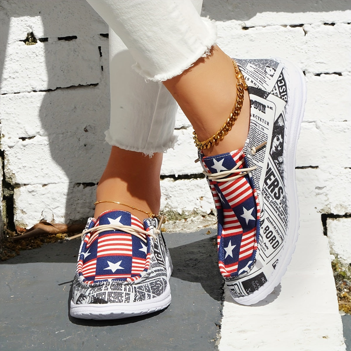 Women's Printed Canvas Shoes Lace Up Sneakers Lightweight - 4th Of July
