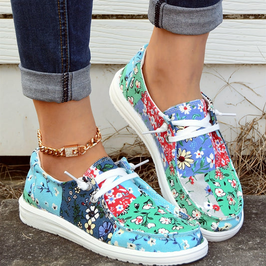 Flower Patchwork Boat Shoes Lace Up Anti slip Walking Shoes Women's Footwear