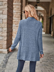  Solid Ribbed Long Sleeve Open Front Cardigan With Pockets