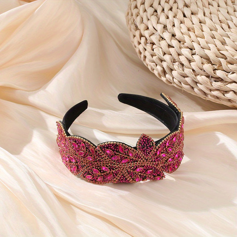 Baroque Wide Crystal Headband Glitter Leaf Headdress For Women