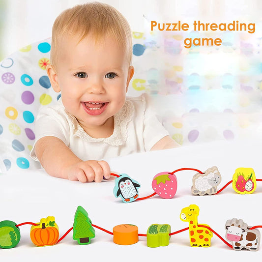 42-Piece Toddler Threading Toy Wooden Educational Learning Toys with Storage Box