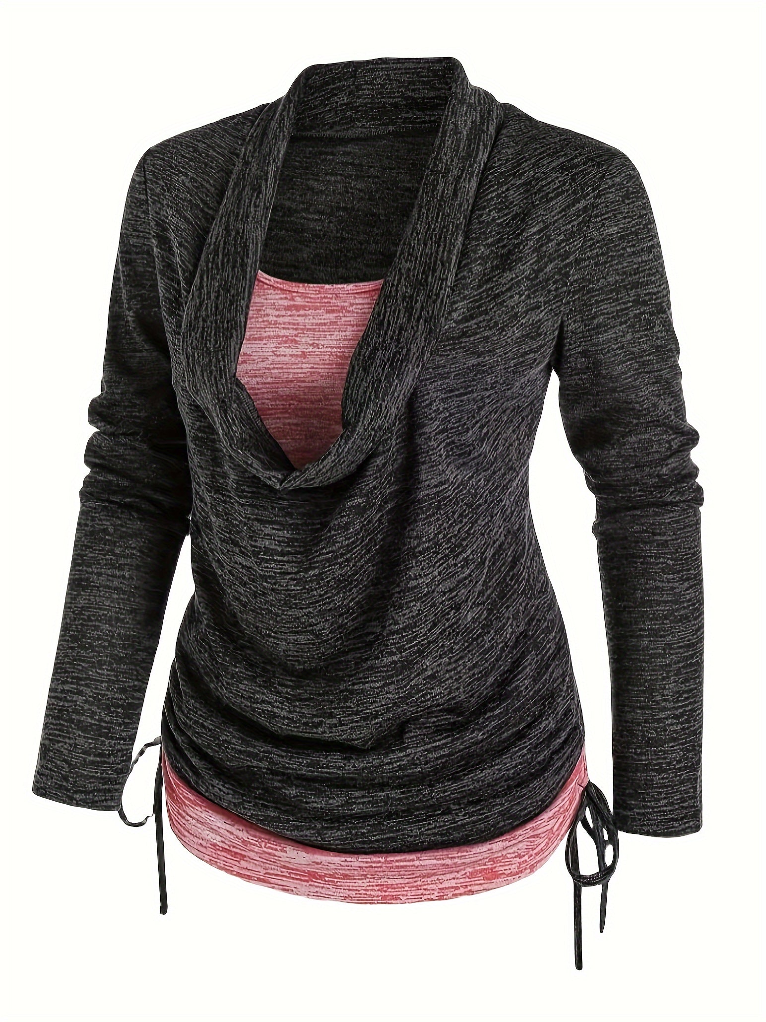  Colorblock Knit Top Cowl Neck Ruched Side 2 in 1 Top