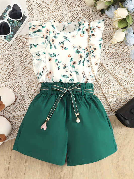 3pcs Girls Casual Lace Flying Sleeve Flower Top & Loose Shorts Summer Kids