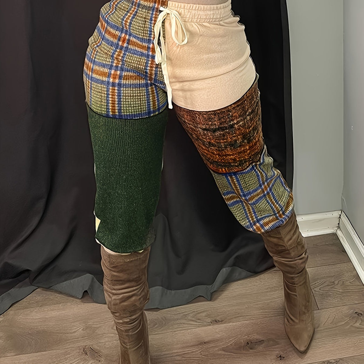  Retro Pants Women's Plus Patchwork Print Drawstring Elastic High Rise