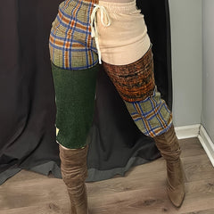  Retro Pants Women's Plus Patchwork Print Drawstring Elastic High Rise