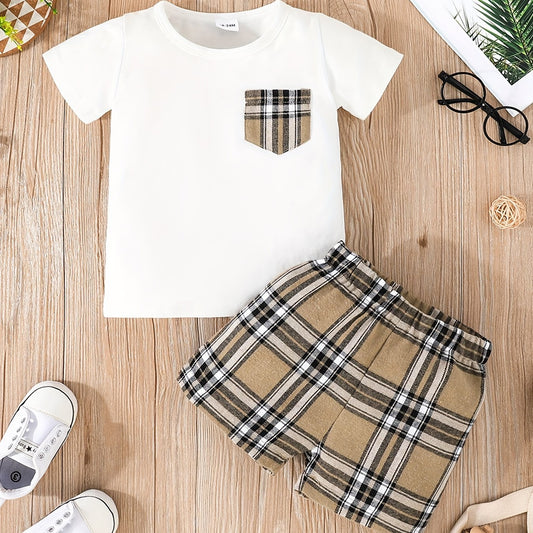 2pcs Toddler Baby Boy Plaid T shirt Shorts Set