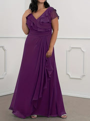  V Neck Ruffle Trim Evening Formal Dress