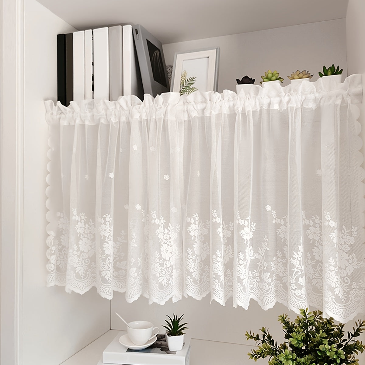 Lace Cafe Curtain Flower Design Rod Pocket Kitchen Dining Room Window Decor