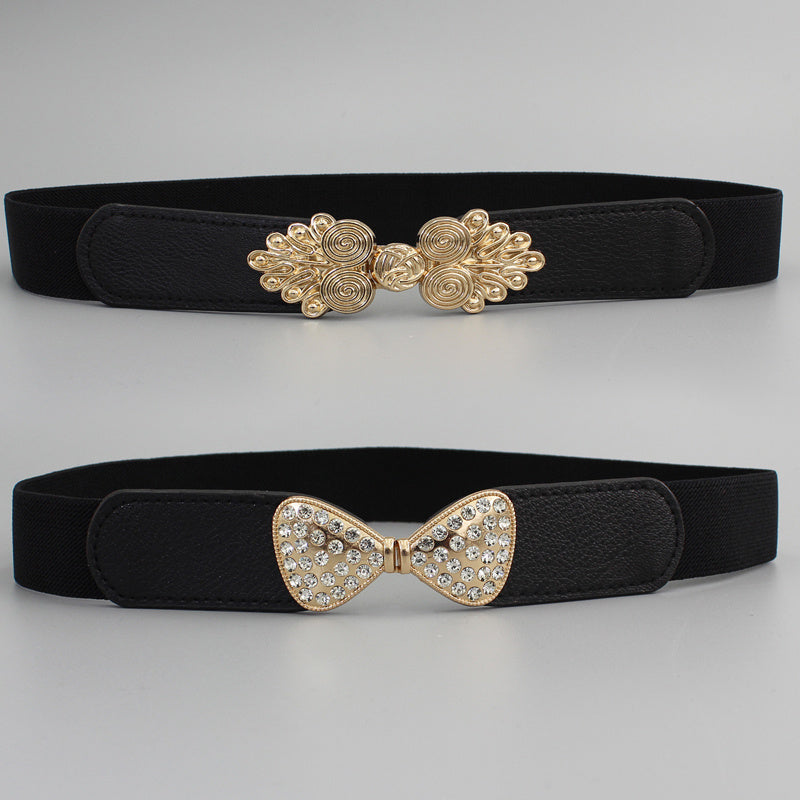 Wide Elastic Waist Belt Floral Buckle Women Vintage Dress Sweater Coat