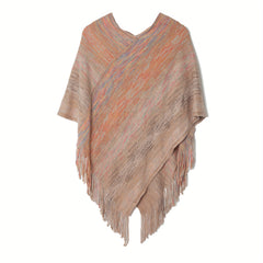 Women's V Neck Pullover Shawl Tassel Knitted Wrap Cloak