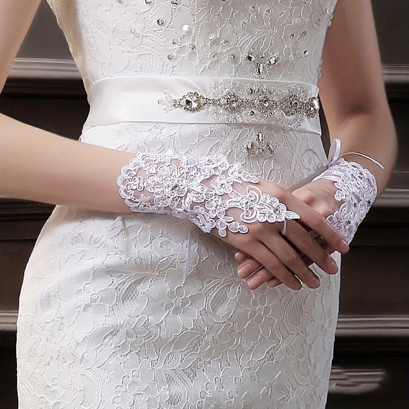 Rhinestone Fingerless Gloves Lace Wedding Bridal Gloves