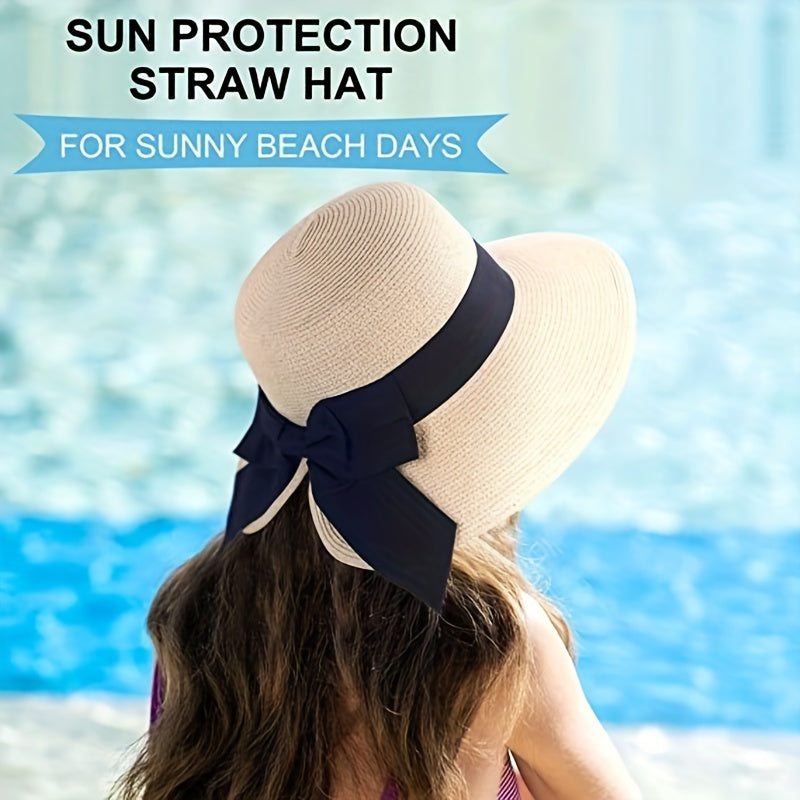 Bowknot Ponytail Sun Hat Wide Brim UV Protection Straw Hat Lightweight Foldable