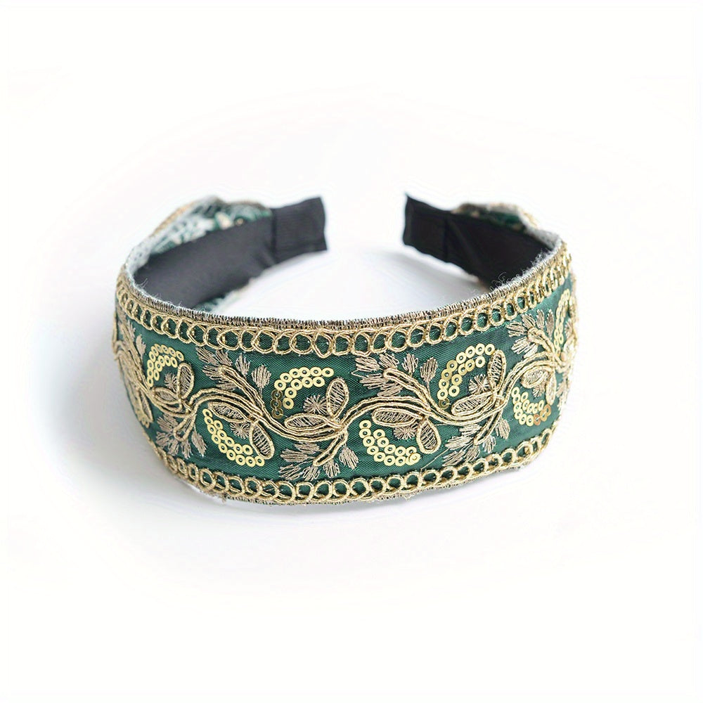 Chinese Style Headband Flower Leaf Berry Embroidery Wide Head Hoop