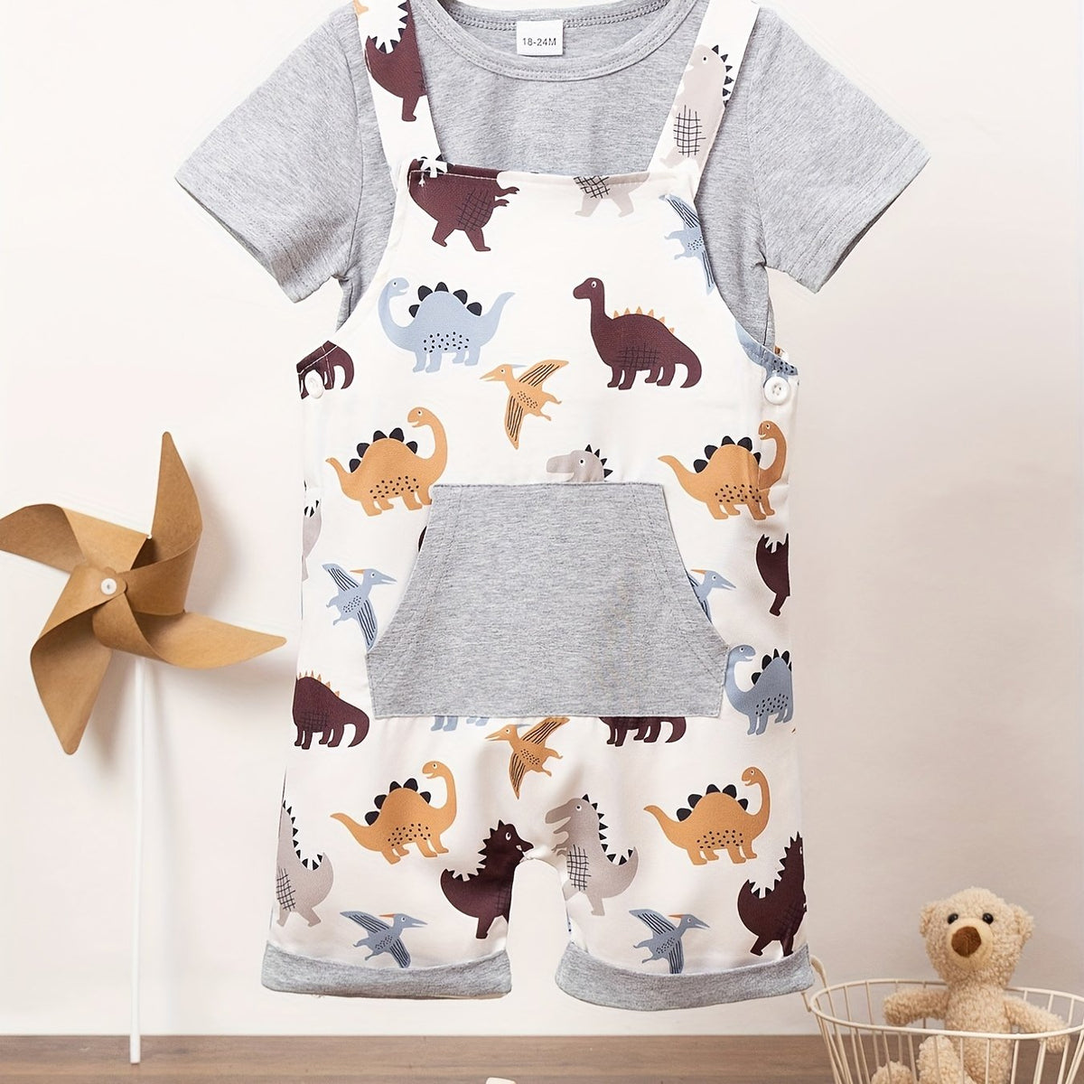 Baby Boy's Dino Suspender Pants & T-shirt Set