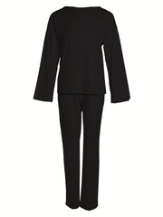 Casual 2-Piece Set Crew Neck Long Sleeve Top & Wide Leg Pants Outfit