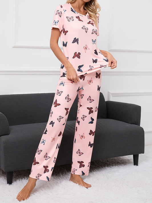 Butterfly Print Pajama Set Short Sleeve Crew Neck Top & Pants Women's Sleepwear