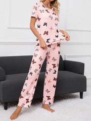 Butterfly Print Pajama Set Short Sleeve Crew Neck Top & Pants Women's Sleepwear