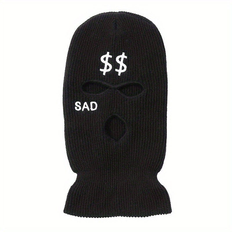 Embroidered Ski Mask SAD & Dollar Sign Knitted Hat - Outdoor Skiing Cycling Gift