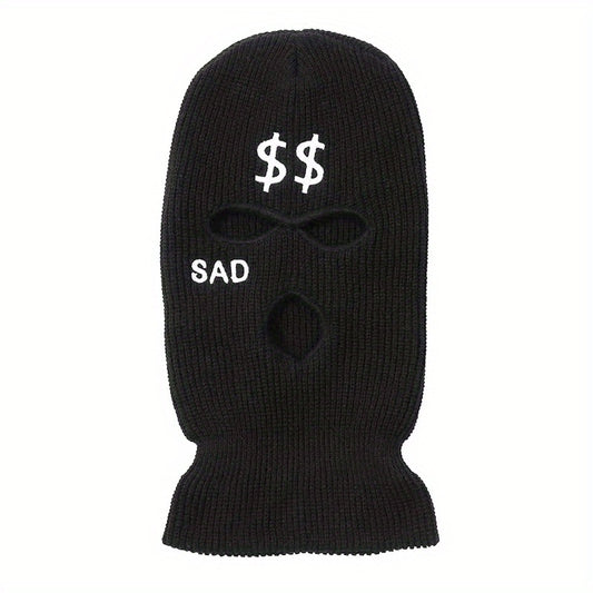 Embroidered Ski Mask SAD & Dollar Sign Knitted Hat - Outdoor Skiing Cycling Gift