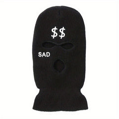 Embroidered Ski Mask SAD & Dollar Sign Knitted Hat - Outdoor Skiing Cycling Gift