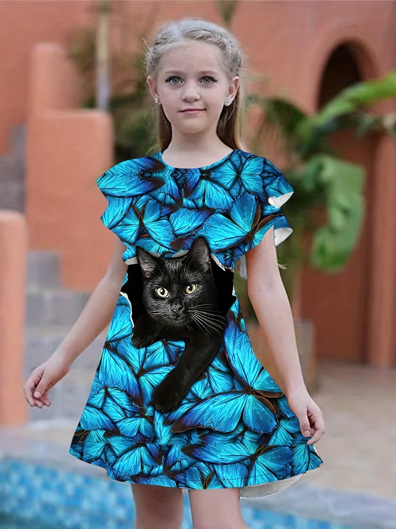 Kitty Graphic Ruffle Short Sleeve Dress Girls Clothes Party