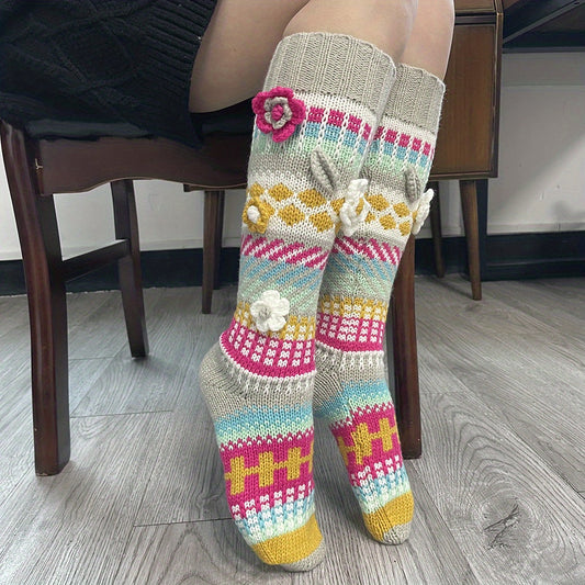 Colorful Floral Decor Knit Calf Socks