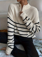  Stripe Print Zipper High Neck Jumper