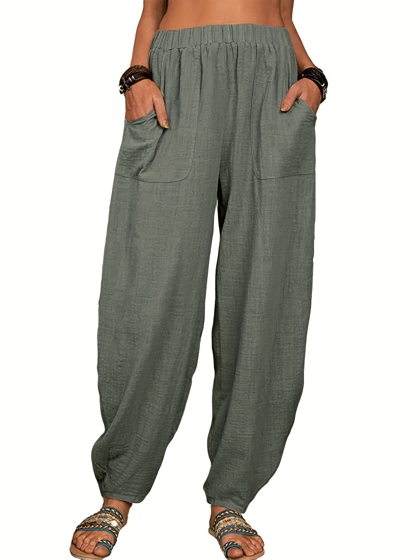  Elastic Waist Harem Pants With Pockets