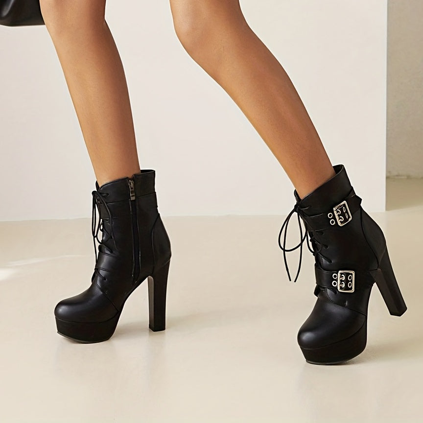 Women's Buckle Strap Ankle Boots Lace Up Block Heels