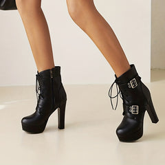 Women's Buckle Strap Ankle Boots Lace Up Block Heels