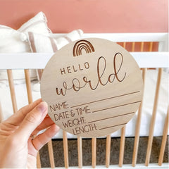 Hello World Wooden Birth Announcement Sign for Baby Milestones