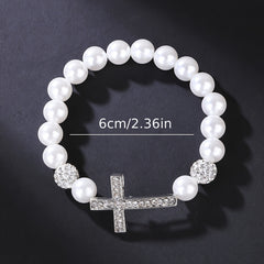 Faux Pearls Cross Bracelet Rhinestone Inlay Women Girls
