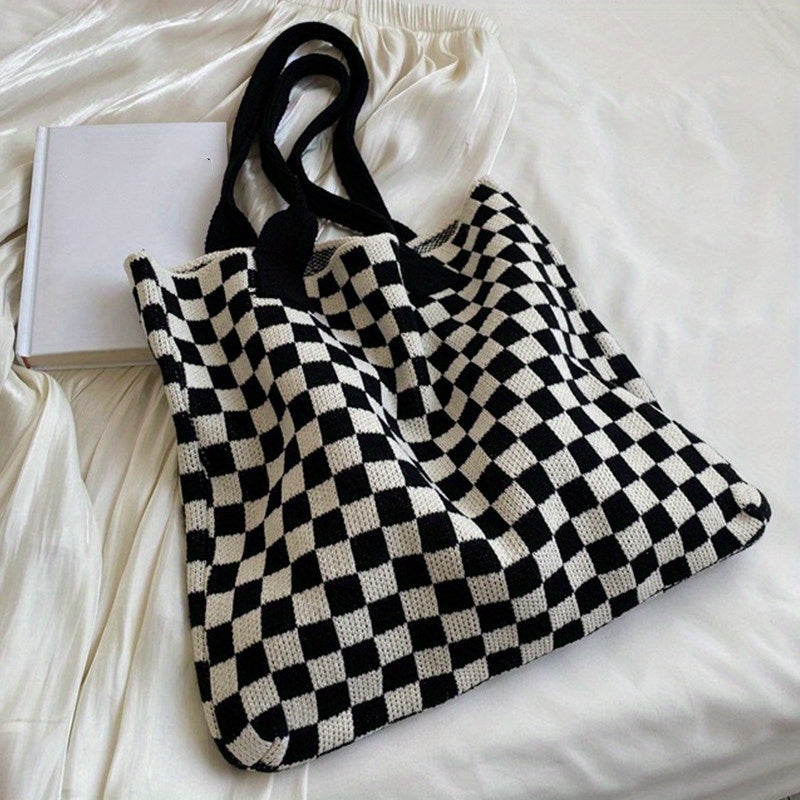 Checkerboard Pattern Shoulder Bag Knitted Satchel Tote Bag