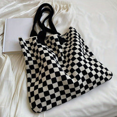 Checkerboard Pattern Shoulder Bag Knitted Satchel Tote Bag