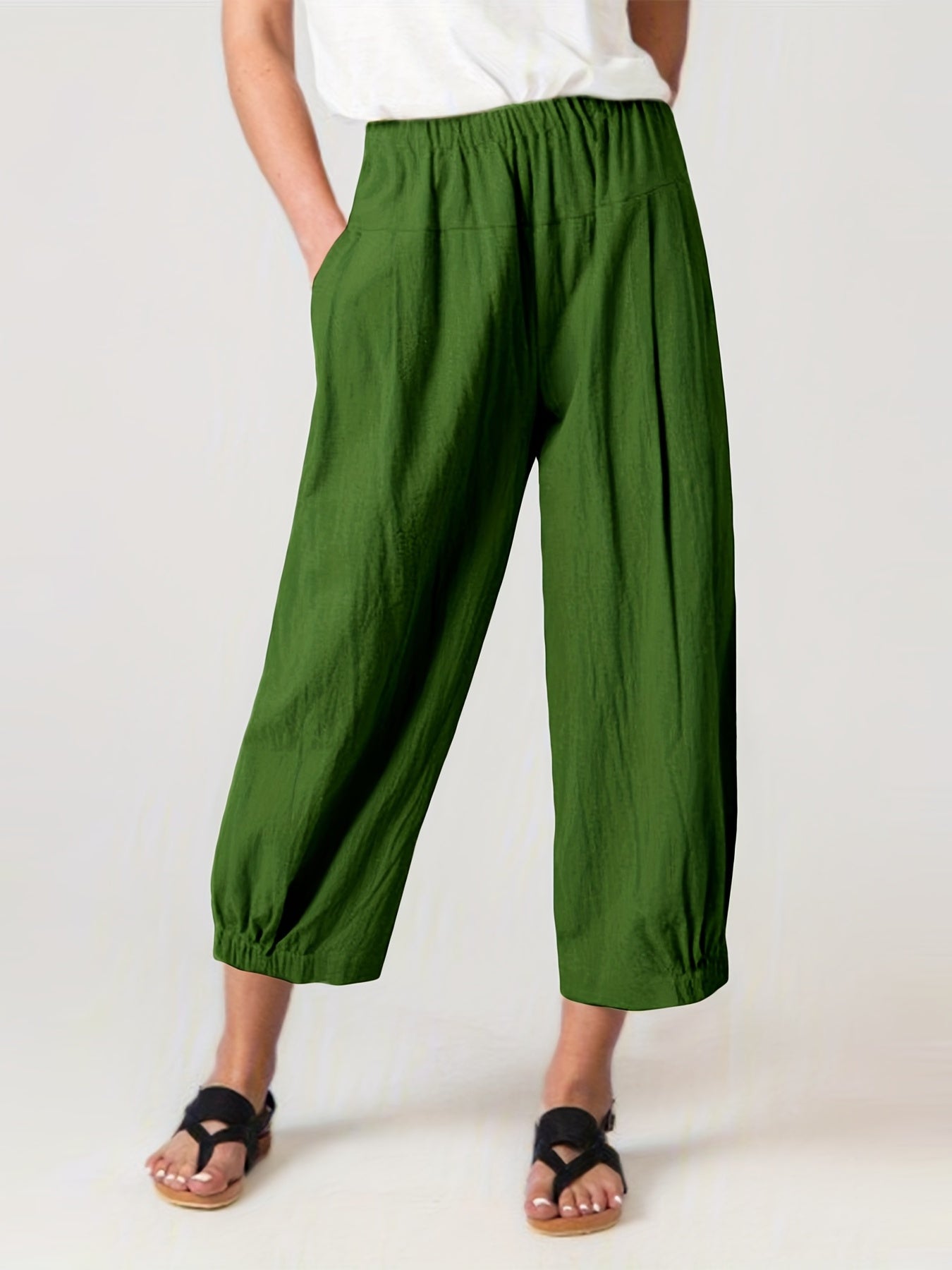  Solid High Rise Elastic Pleated Harem Pants