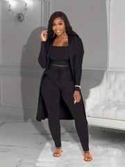 Ribbed 3pcs Set Crop Tank Top High Waist Pants Long Cardigan Outfits