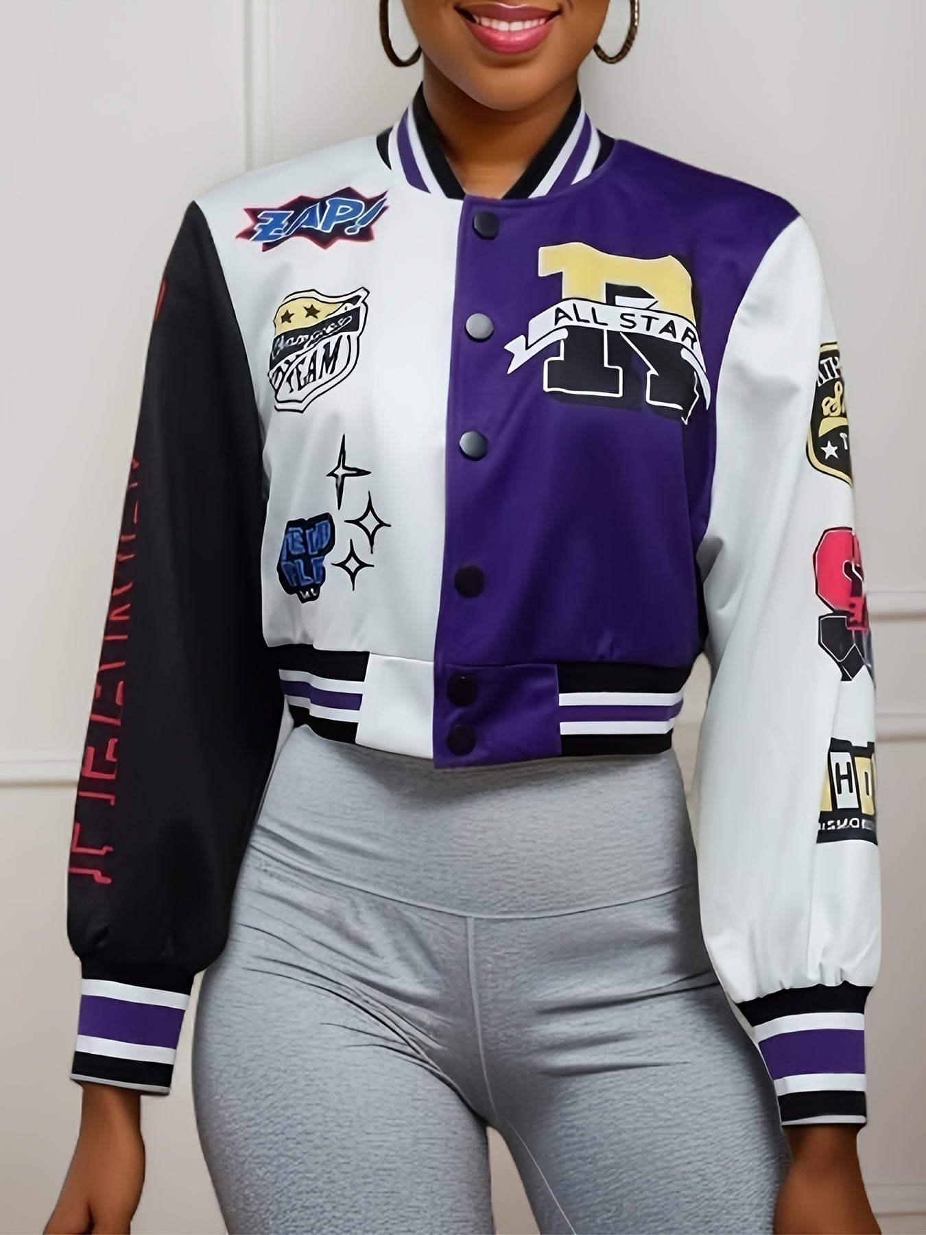Button Front Varsity Jacket Casual Long Sleeve Baseball Neck Outerwear
