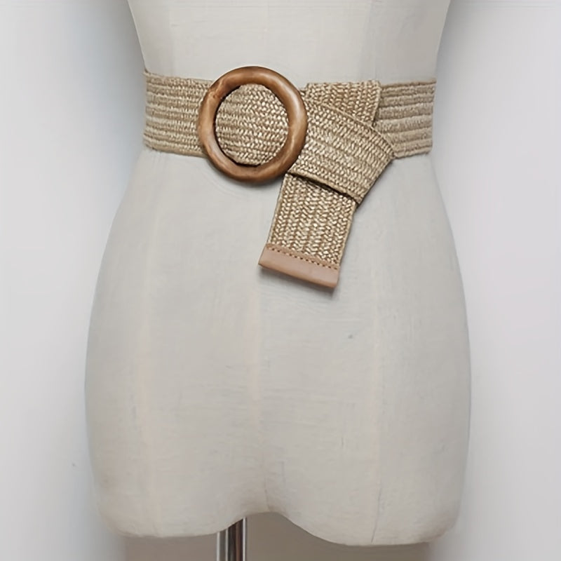 Bohemian Vintage Straw Belt with Round Buckle