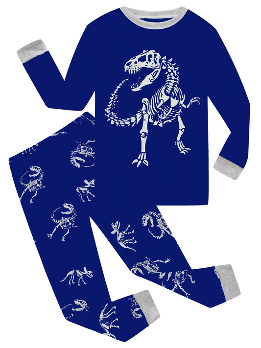 2pcs Dino Skeleton Print Kid's Pajama Set Reflective Pattern Comfy PJ