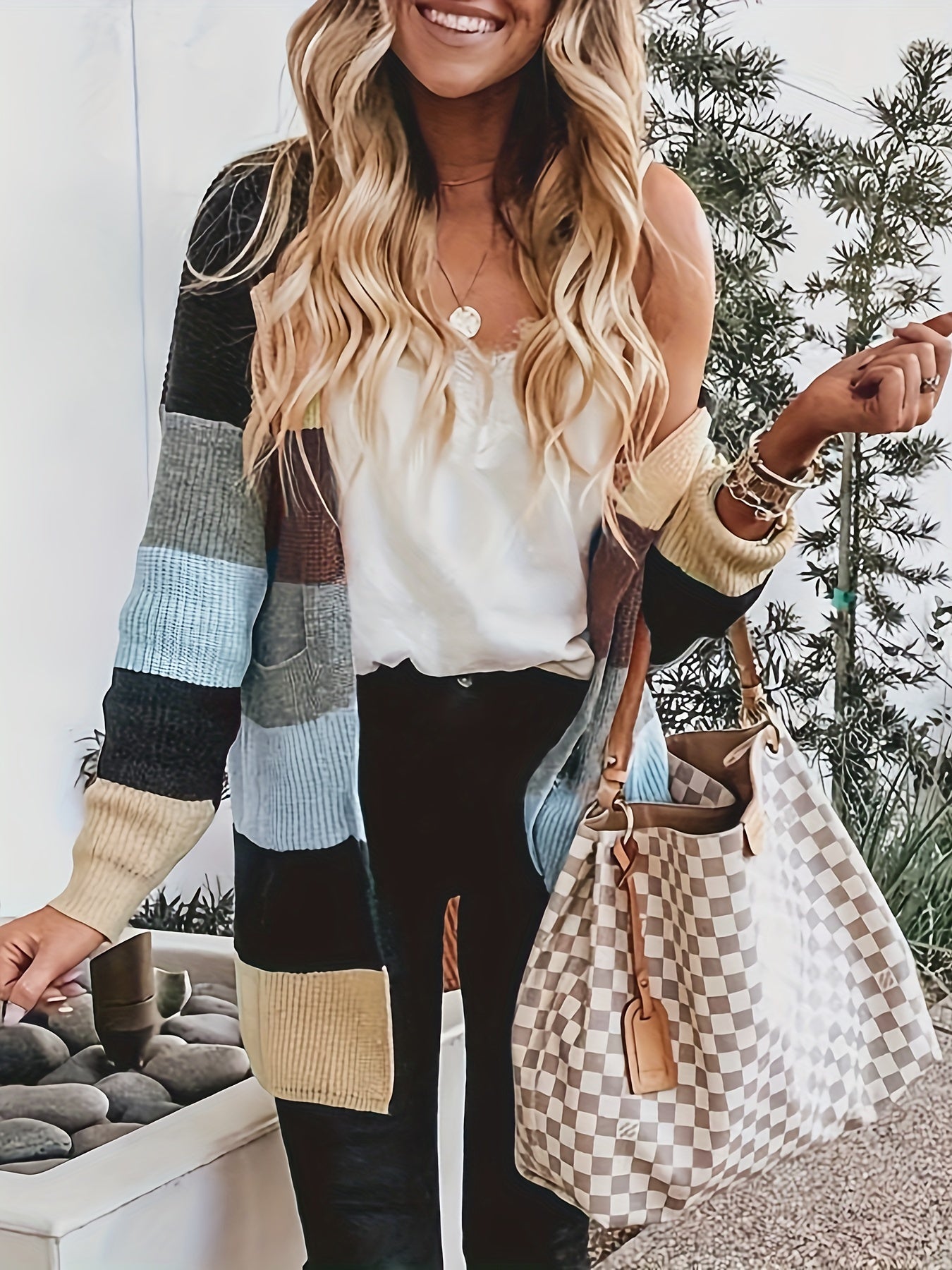  Colorblock Long Sleeve Open Front Cardigan With Pockets