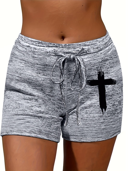 Cross Print Casual Drawstring Waist Shorts Spring & Summer Women's Clothing