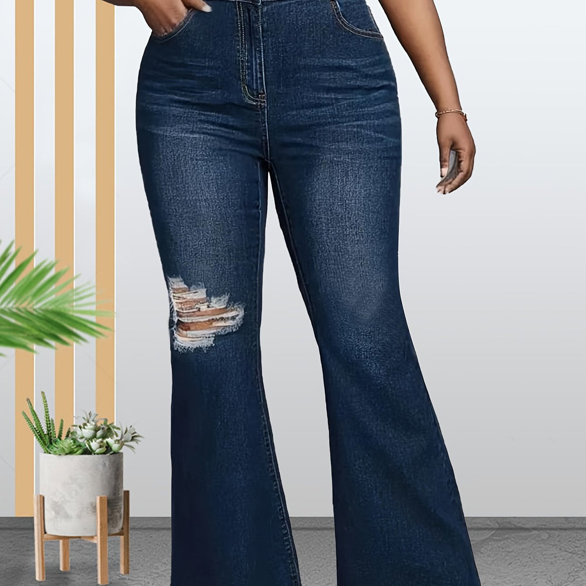 Women's Plus High Rise Fringe Trim Flared Leg Jeans